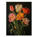 Elegant tulip still life canvas art with dark background for dining room decor.