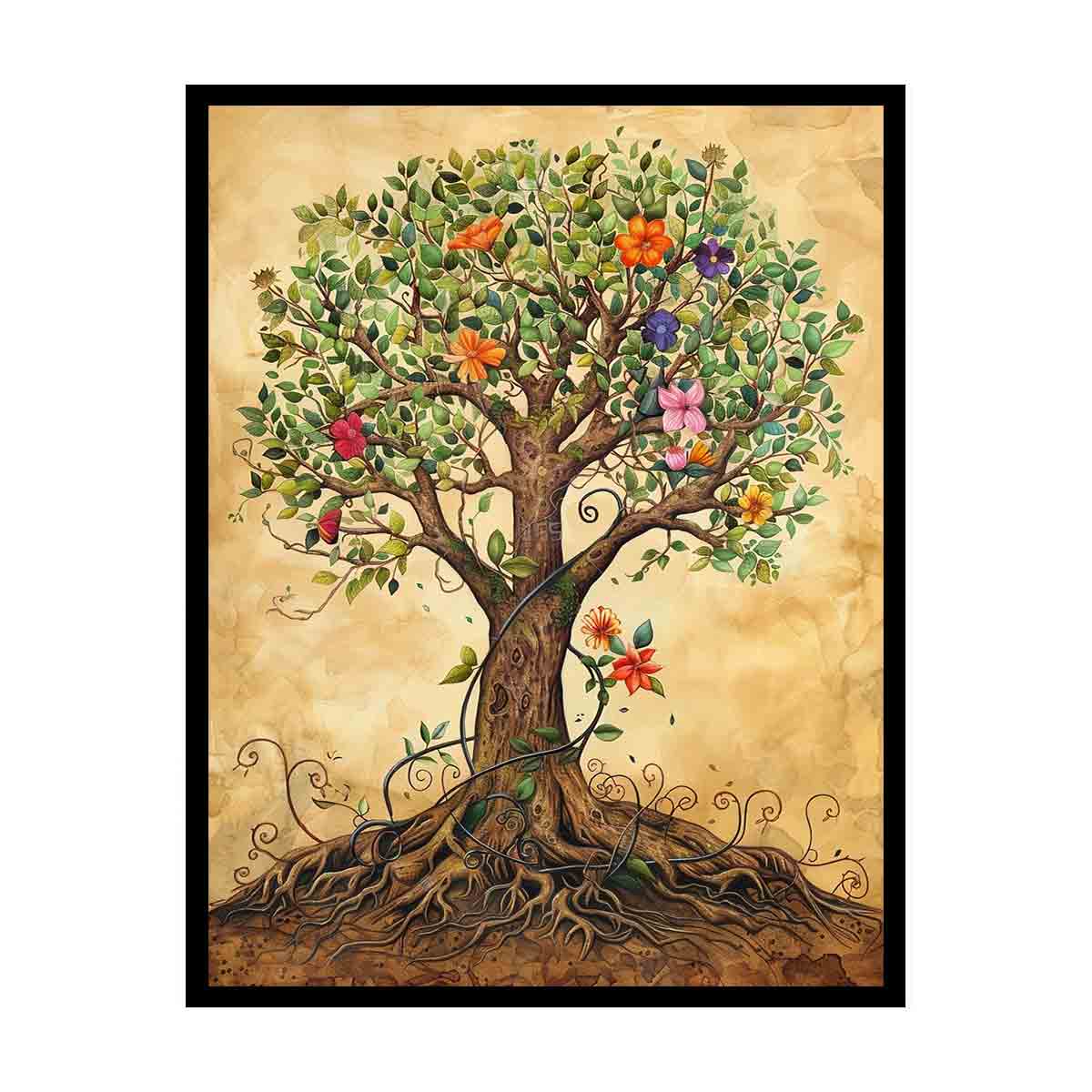 Whimsical flowering tree canvas art with roots for cozy nursery or bedroom decor.