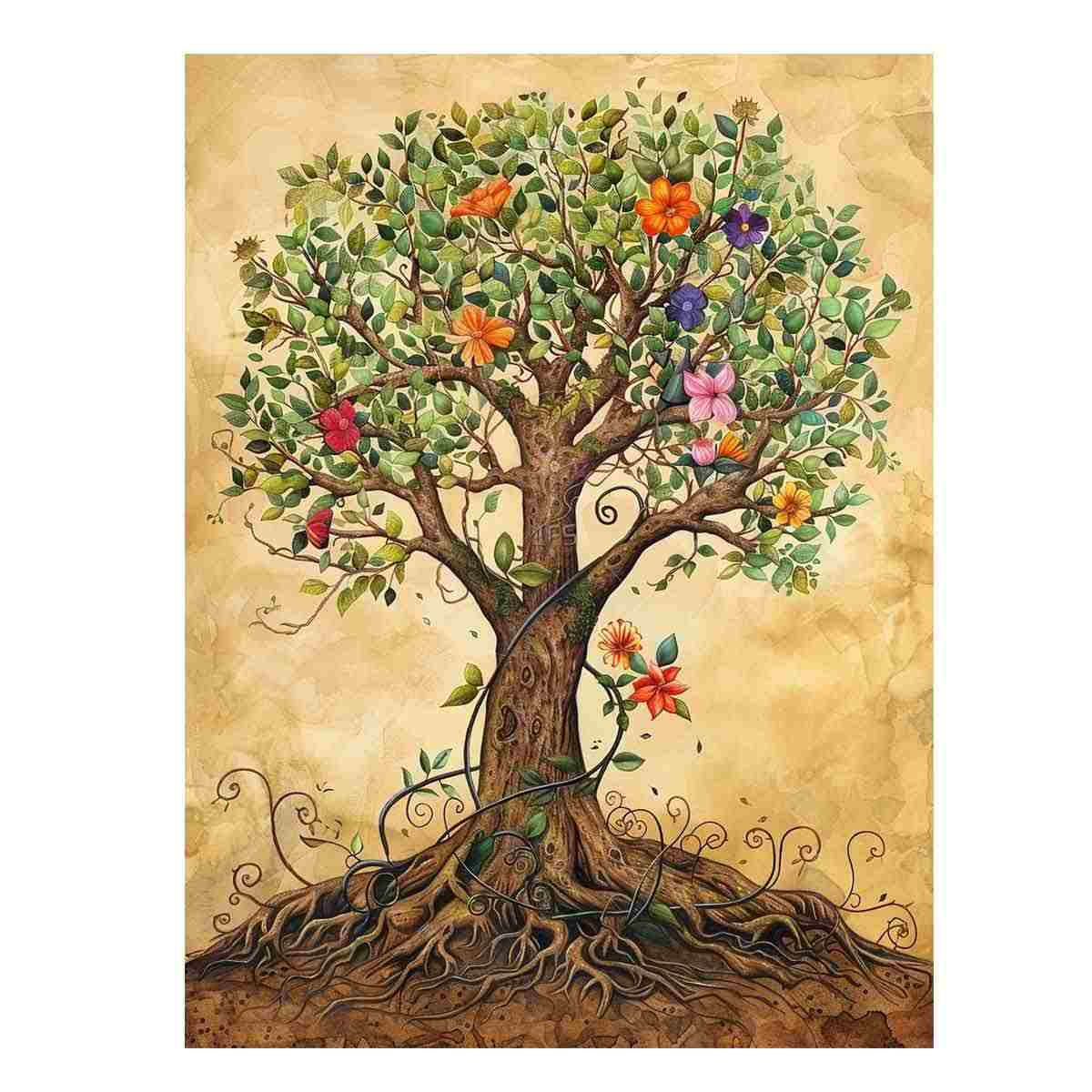 Whimsical flowering tree canvas art with roots for cozy nursery or bedroom decor.