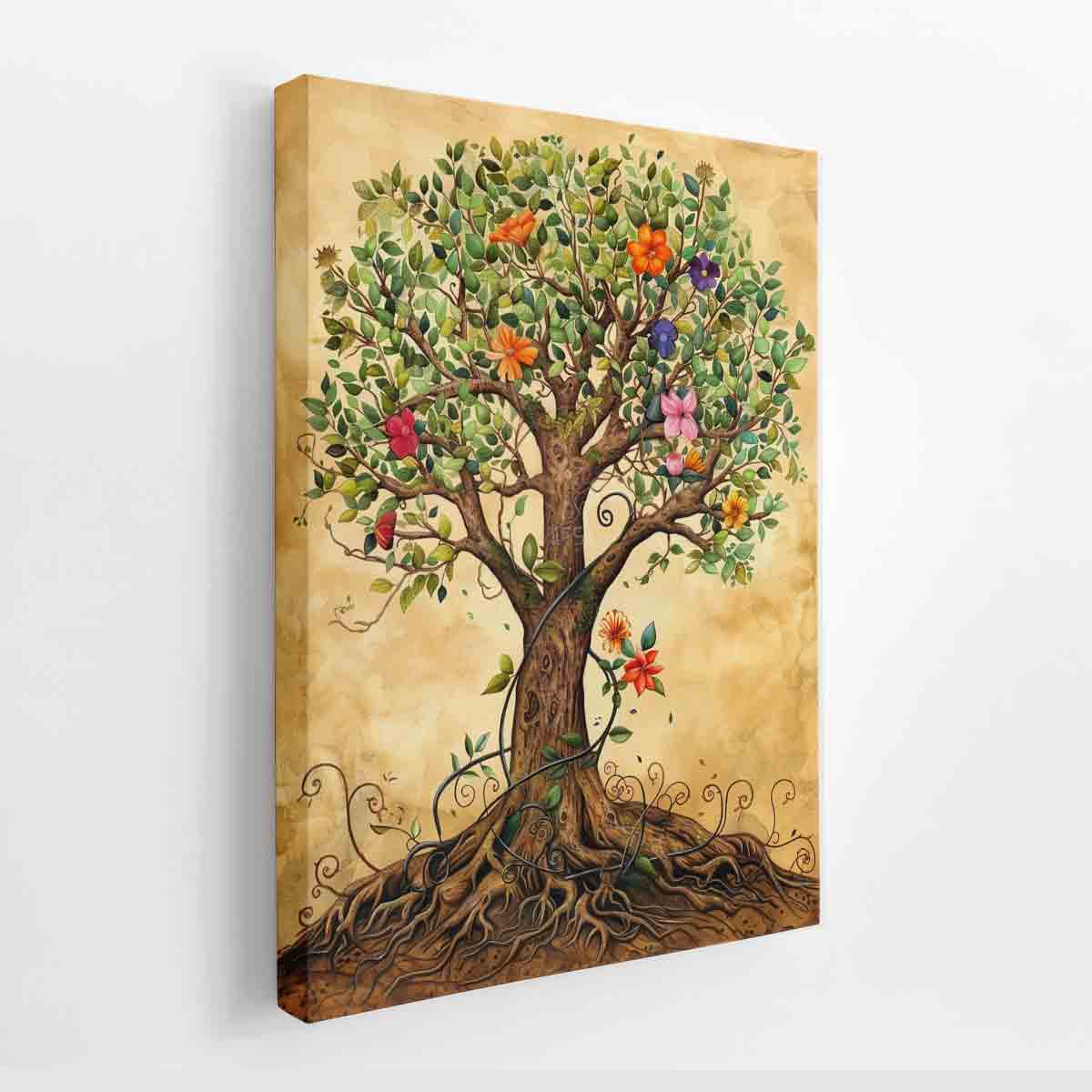 Whimsical flowering tree canvas art with roots for cozy nursery or bedroom decor.