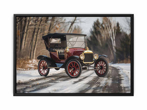Vintage red car canvas art on snowy road for classic office or mancave decor.