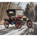 Vintage red car canvas art on snowy road for classic office or mancave decor.