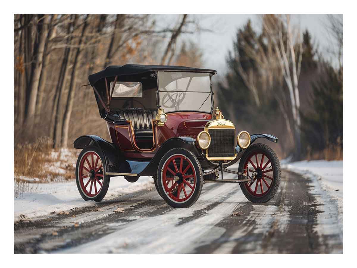 Vintage red car canvas art on snowy road for classic office or mancave decor.