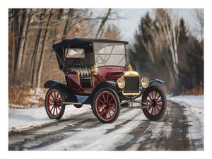 Vintage red car canvas art on snowy road for classic office or mancave decor.