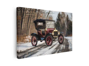 Vintage red car canvas art on snowy road for classic office or mancave decor.