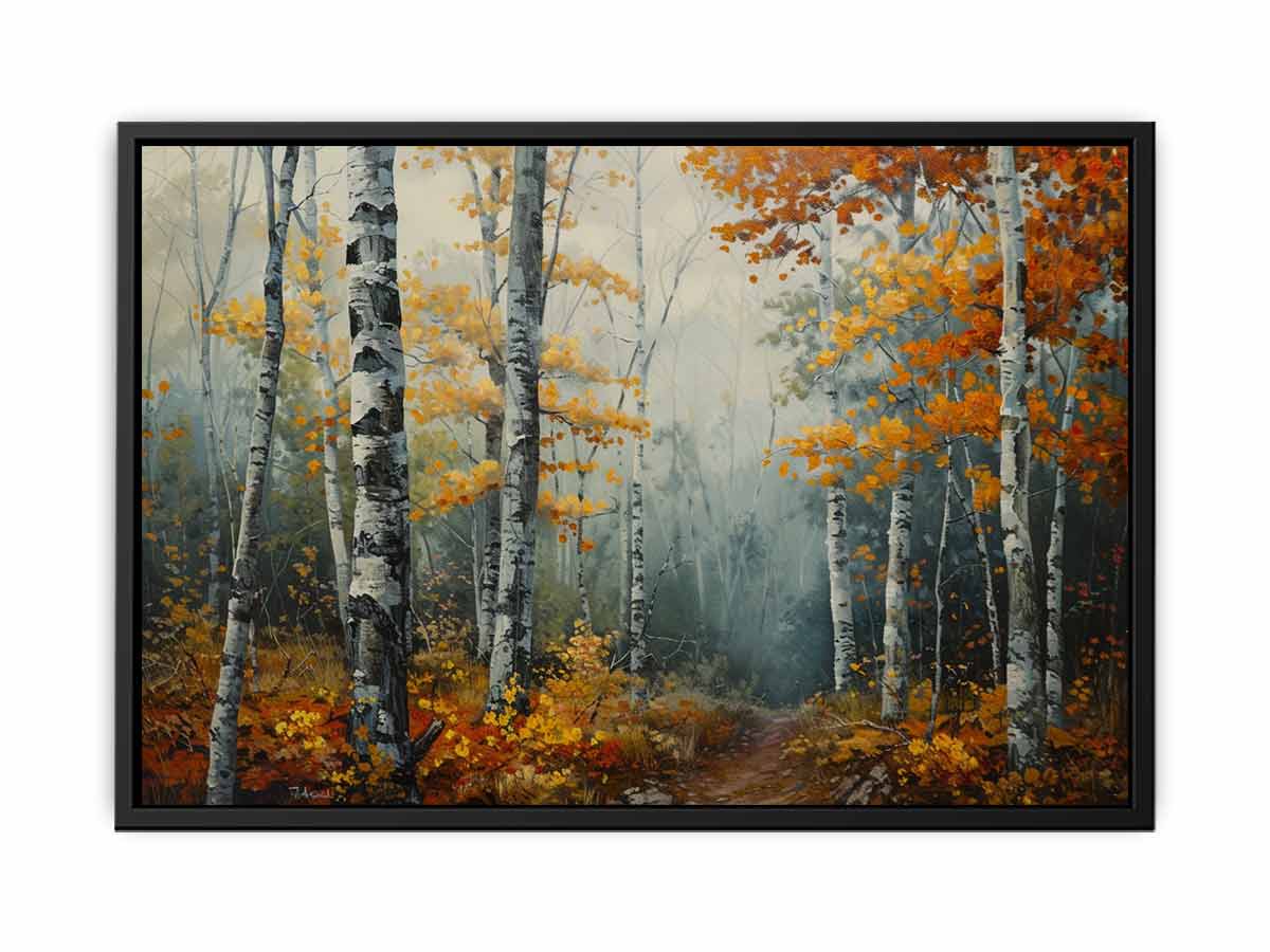 Autumn birch forest canvas art with woodland path for cozy living room decor.