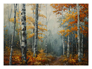 Autumn birch forest canvas art with woodland path for cozy living room decor.