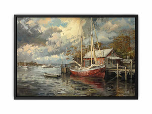 Coastal sailboat canvas art with marina, clouds, and reflections for living room decor.