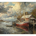 Coastal sailboat canvas art with marina, clouds, and reflections for living room decor.