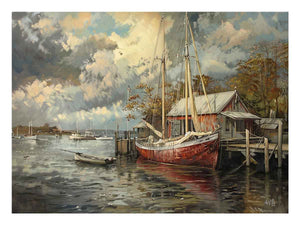 Coastal sailboat canvas art with marina, clouds, and reflections for living room decor.