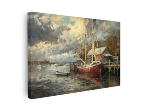 Coastal sailboat canvas art with marina, clouds, and reflections for living room decor.
