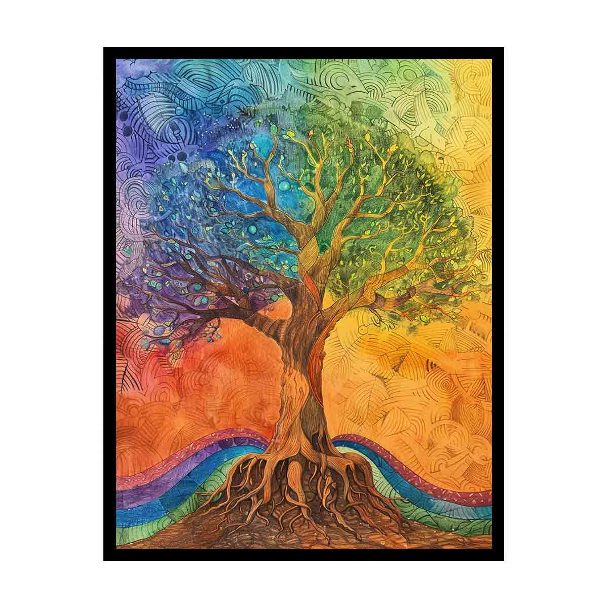 Colourful tree of life canvas art with roots and patterns for boho bedroom decor.