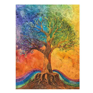 Colourful tree of life canvas art with roots and patterns for boho bedroom decor.
