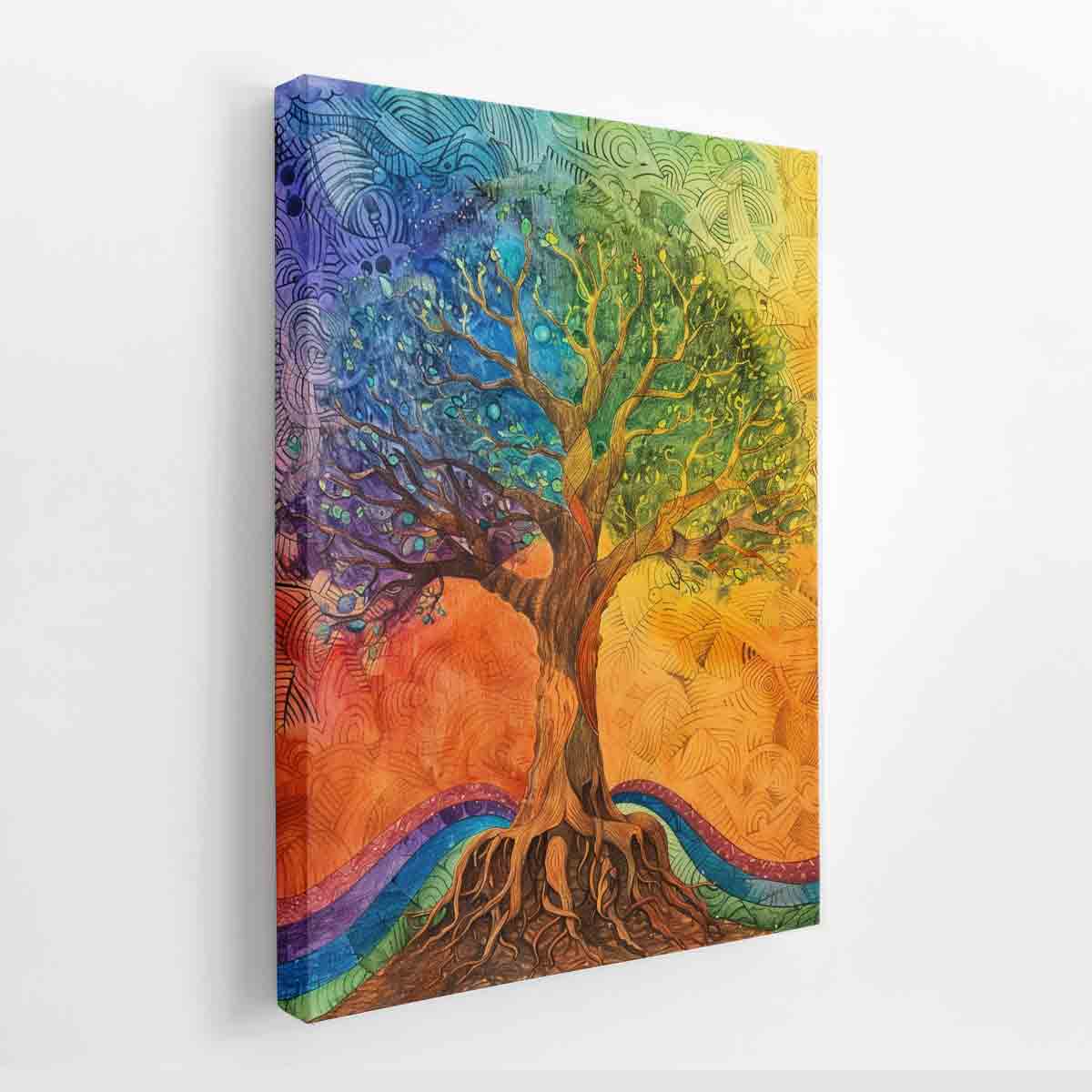 Colourful tree of life canvas art with roots and patterns for boho bedroom decor.