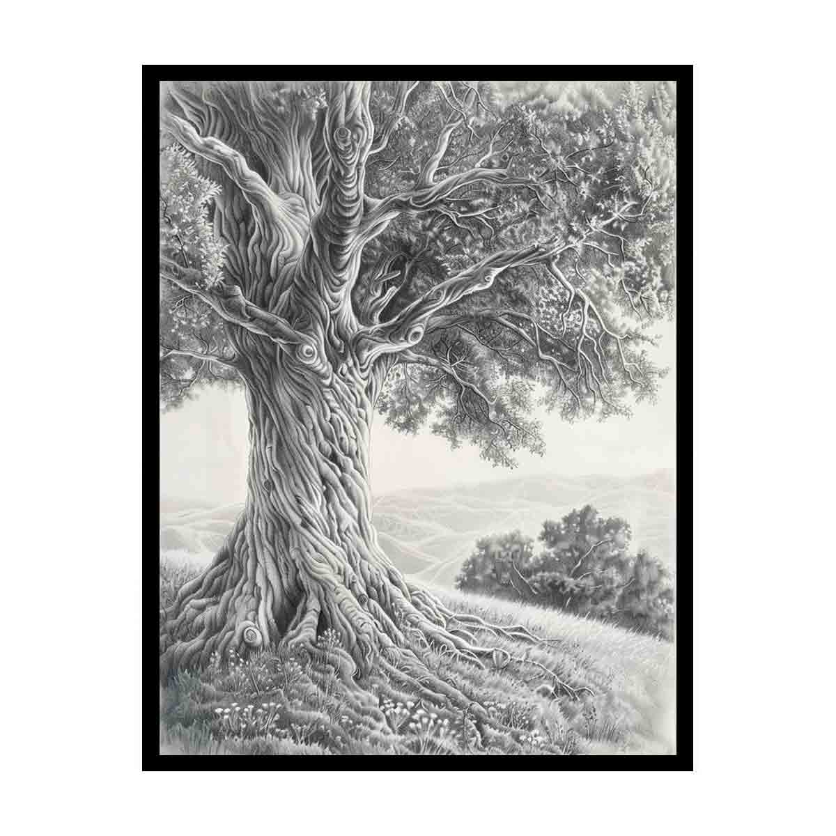 Black and white ancient tree drawing canvas art for calm living room decor.