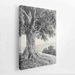 Black and white ancient tree drawing canvas art for calm living room decor.