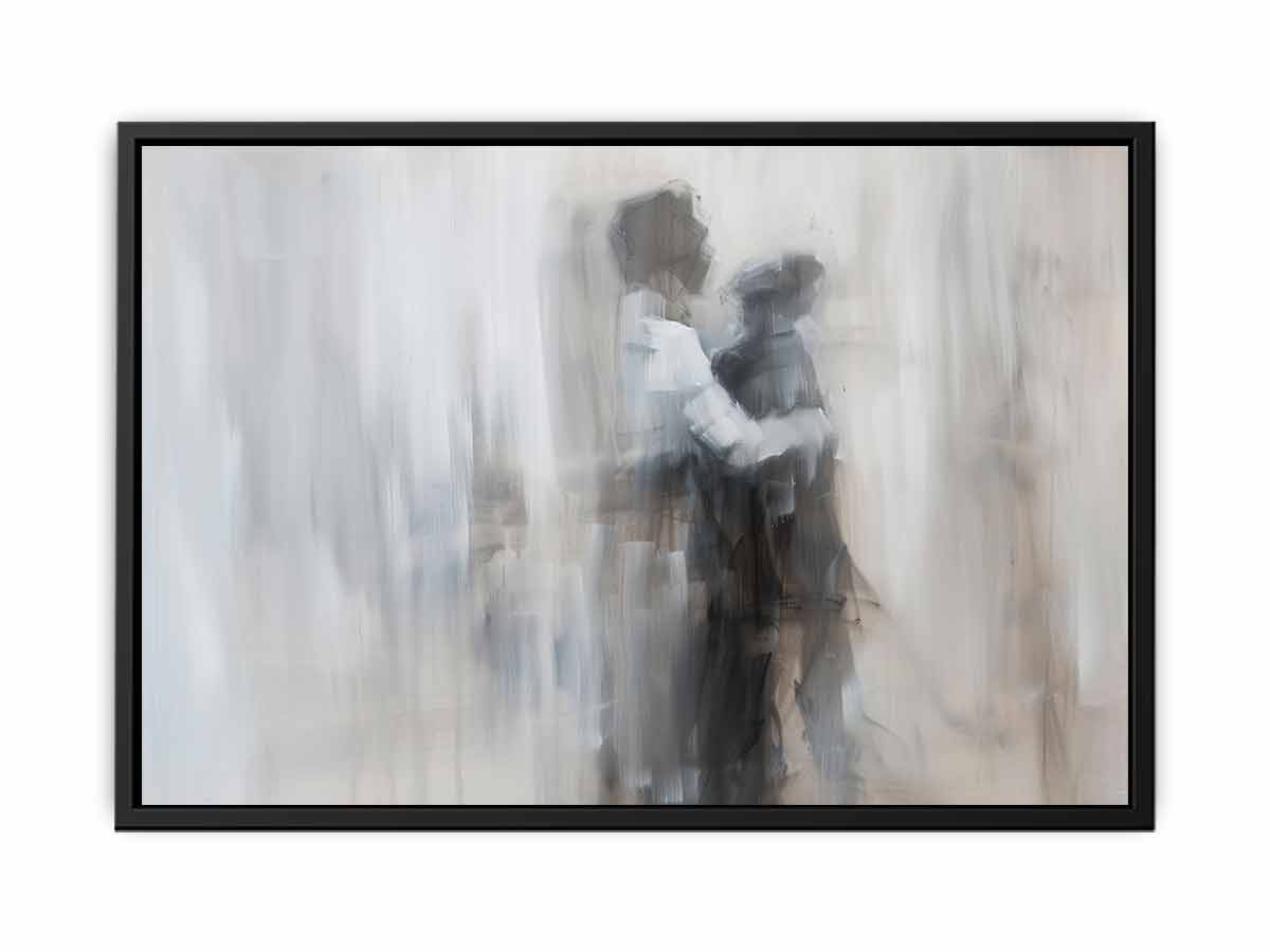 Abstract blurred figure canvas art in soft neutral tones for modern bedroom decor.