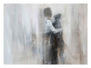 Abstract blurred figure canvas art in soft neutral tones for modern bedroom decor.
