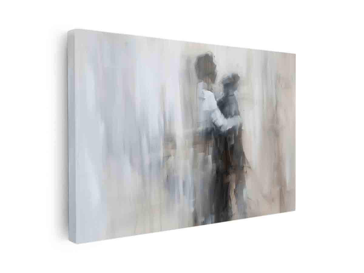 Abstract blurred figure canvas art in soft neutral tones for modern bedroom decor.