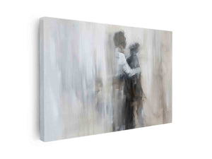 Abstract blurred figure canvas art in soft neutral tones for modern bedroom decor.