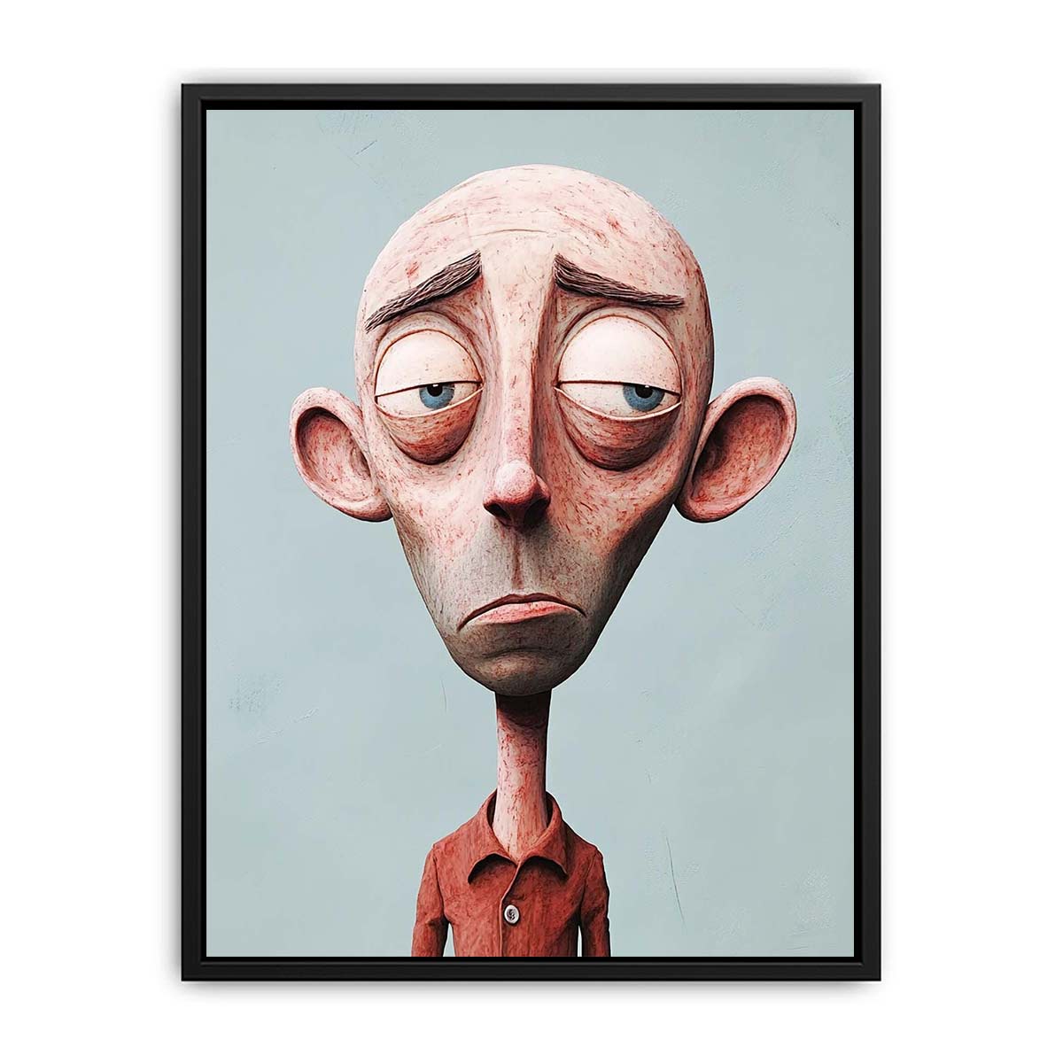 Quirky character portrait canvas art with sad face and blue background for playful decor.