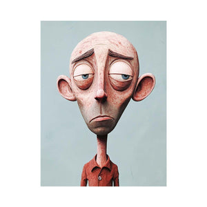 Quirky character portrait canvas art with sad face and blue background for playful decor.