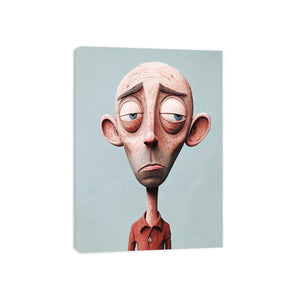 Quirky character portrait canvas art with sad face and blue background for playful decor.