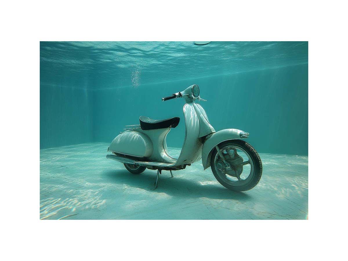 Underwater vintage scooter canvas print in turquoise pool for modern statement decor.