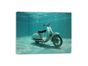 Underwater vintage scooter canvas print in turquoise pool for modern statement decor.