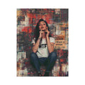 Urban woman portrait canvas art with red graffiti texture and bold modern attitude.