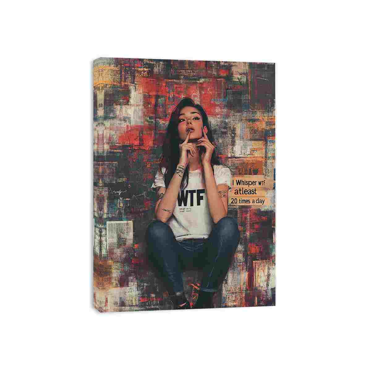 Urban woman portrait canvas art with red graffiti texture and bold modern attitude.