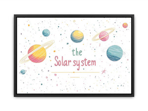 Cute solar system canvas art with planets, stars, and playful lettering for kids room.