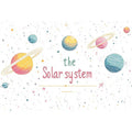 Cute solar system canvas art with planets, stars, and playful lettering for kids room.