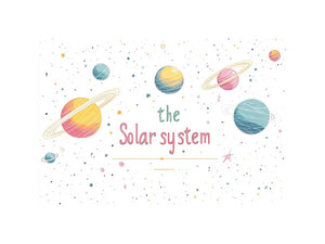 Cute solar system canvas art with planets, stars, and playful lettering for kids room.