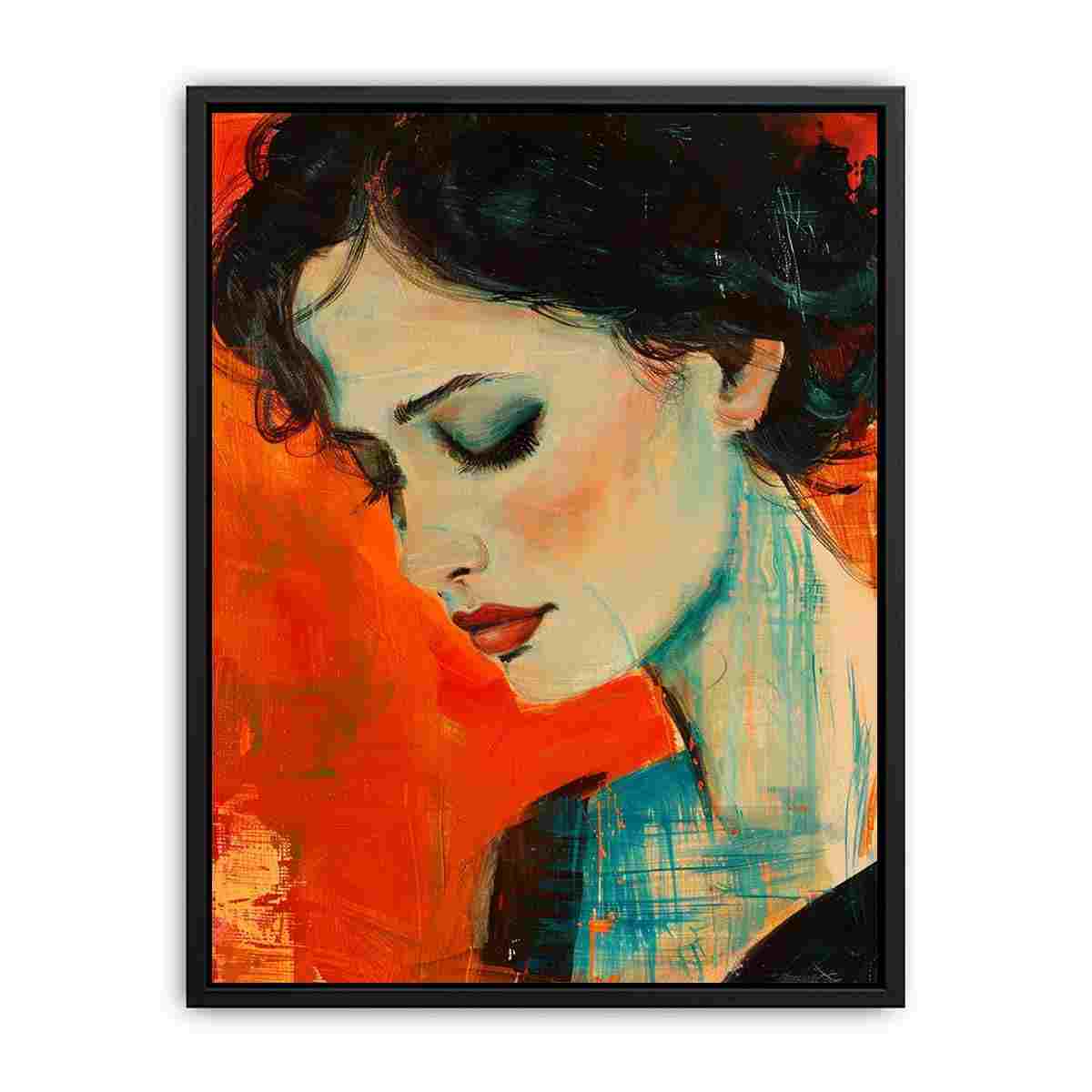 Expressionist woman portrait canvas art with orange and teal brushwork for bedroom decor.