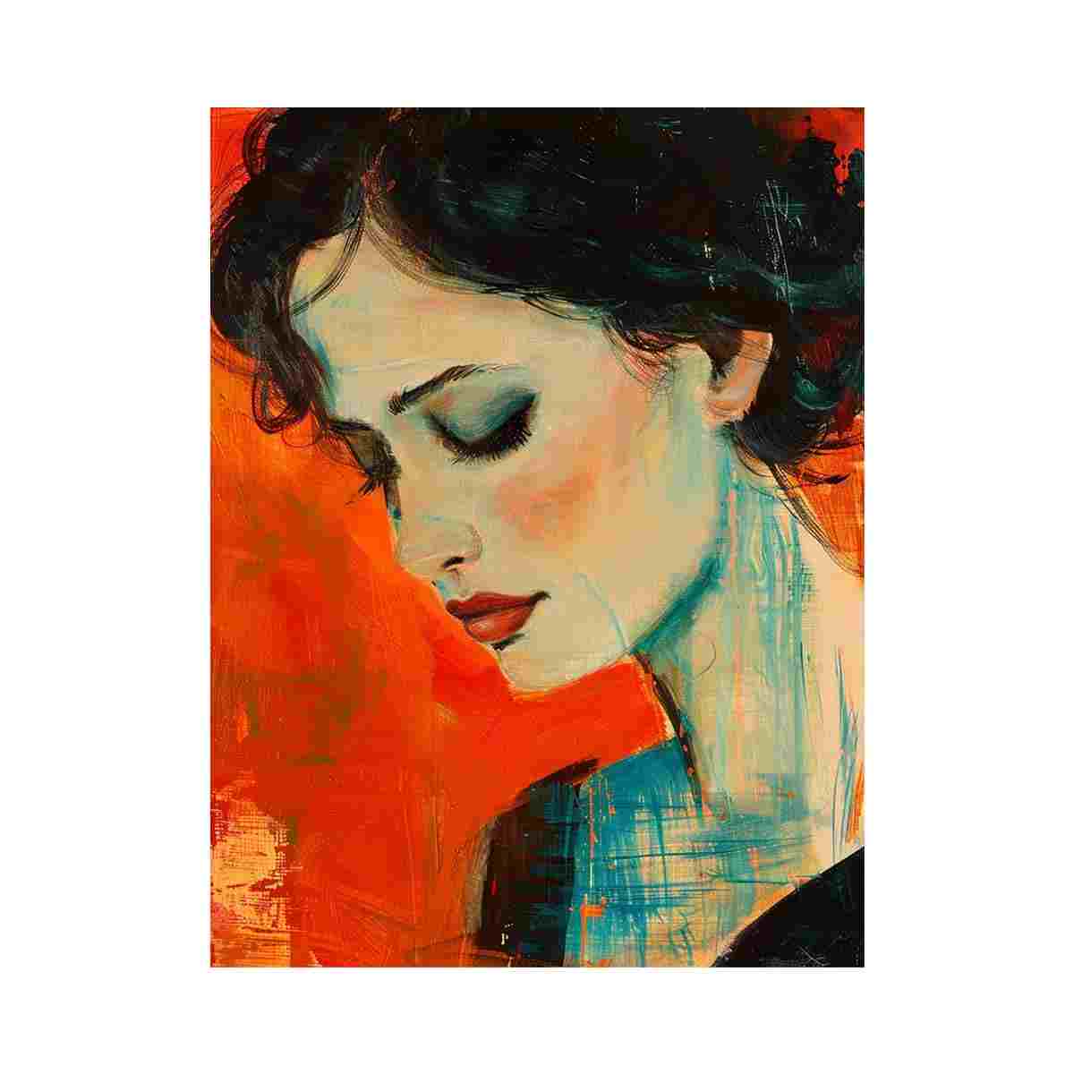 Expressionist woman portrait canvas art with orange and teal brushwork for bedroom decor.