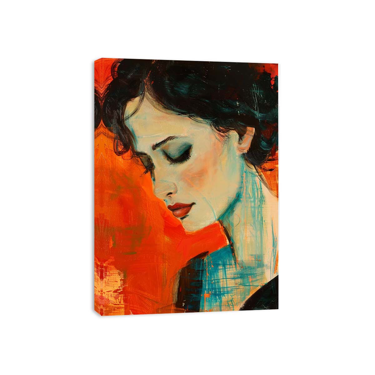 Expressionist woman portrait canvas art with orange and teal brushwork for bedroom decor.