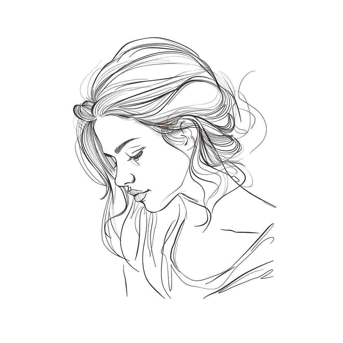 Minimalist woman line art canvas with flowing hair for elegant bedroom decor.