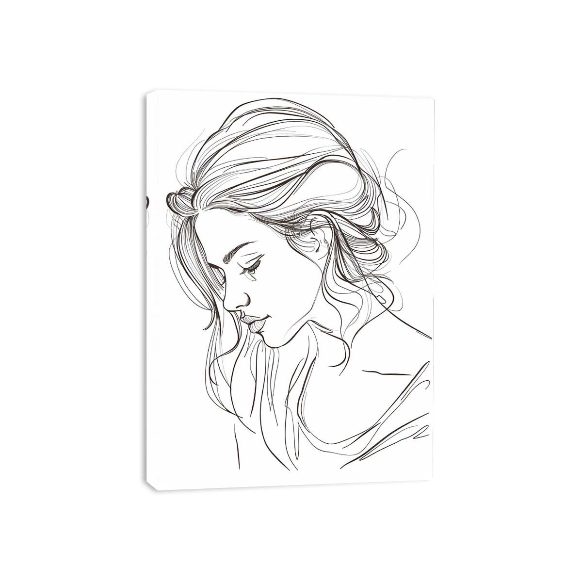 Minimalist woman line art canvas with flowing hair for elegant bedroom decor.