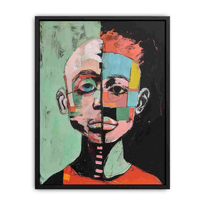 Cubist abstract portrait canvas with colourful face blocks for modern living room decor.
