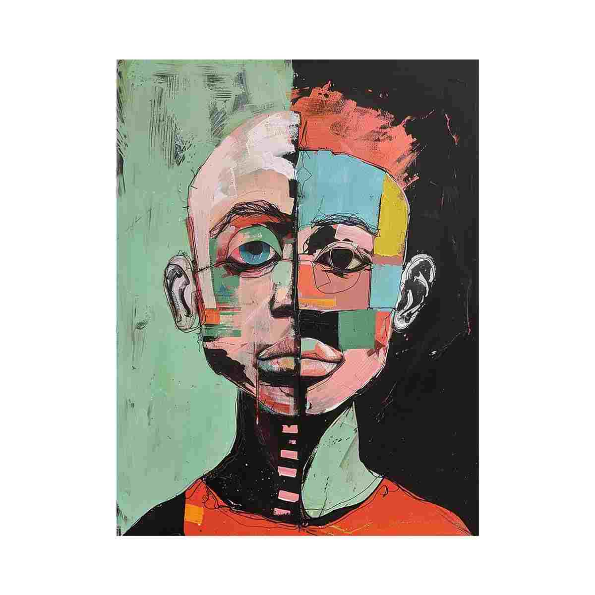 Cubist abstract portrait canvas with colourful face blocks for modern living room decor.