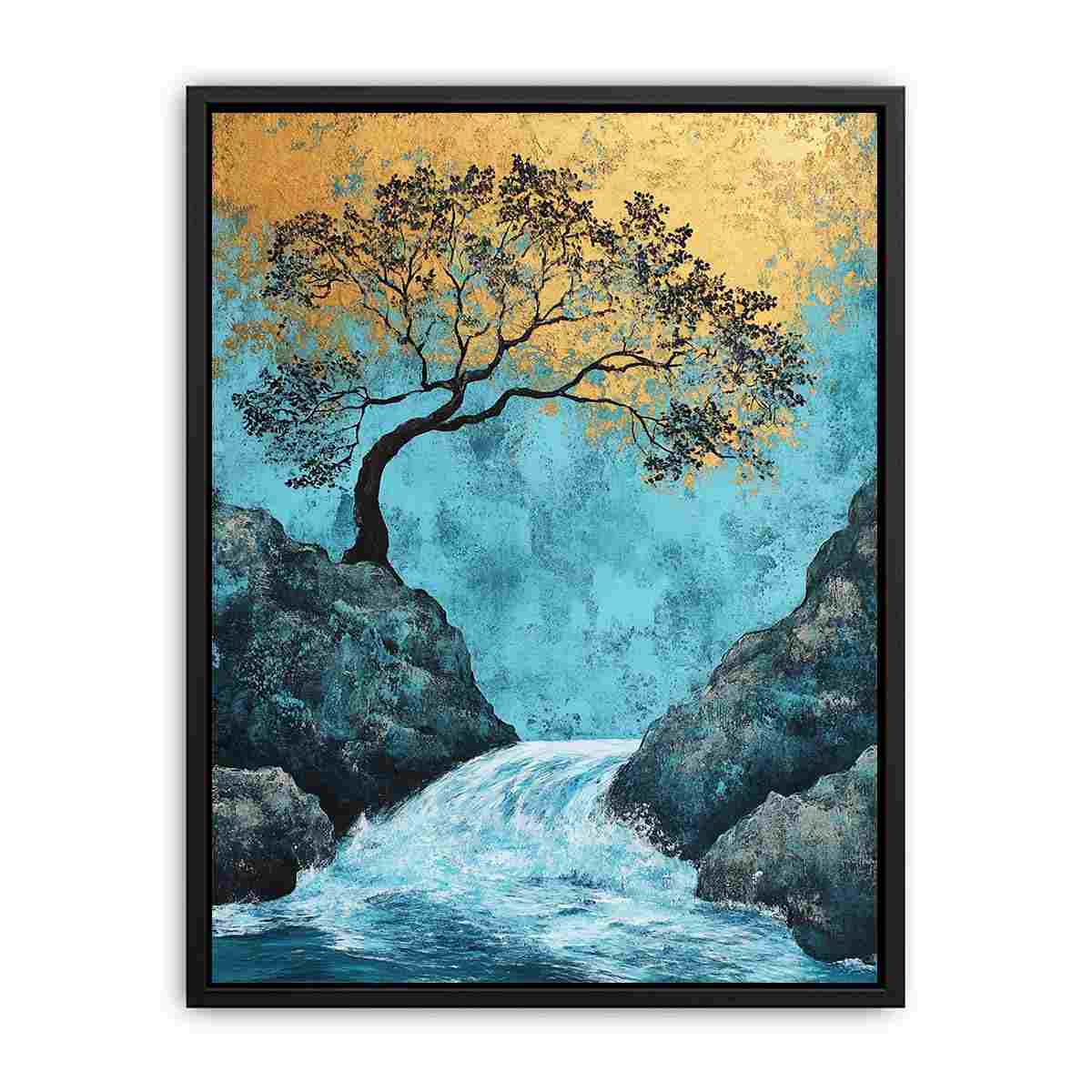 Vertical blue and gold waterfall landscape canvas art for modern living room decor.