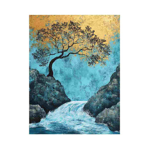Vertical blue and gold waterfall landscape canvas art for modern living room decor.