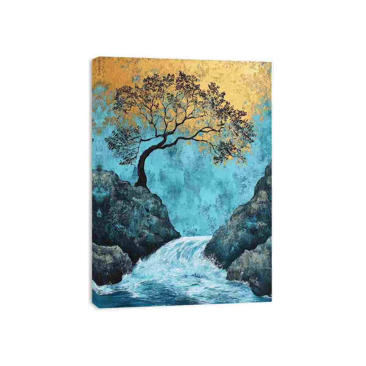 Vertical blue and gold waterfall landscape canvas art for modern living room decor.