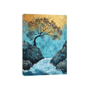 Vertical blue and gold waterfall landscape canvas art for modern living room decor.