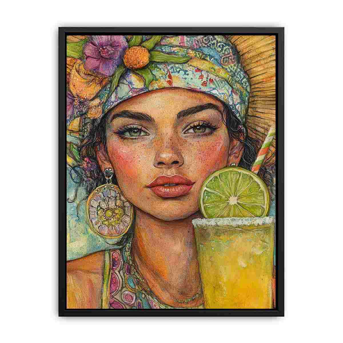 Tropical woman portrait canvas art with lime drink for colorful kitchen or home bar decor.