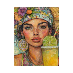 Tropical woman portrait canvas art with lime drink for colorful kitchen or home bar decor.