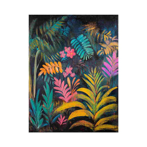 Moody tropical botanical canvas art with teal leaves and pink flowers for modern living room decor.