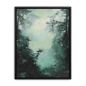 Misty green forest canvas art for calm bedroom or reading nook decor.
