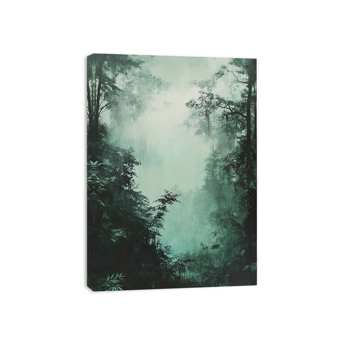 Misty green forest canvas art for calm bedroom or reading nook decor.